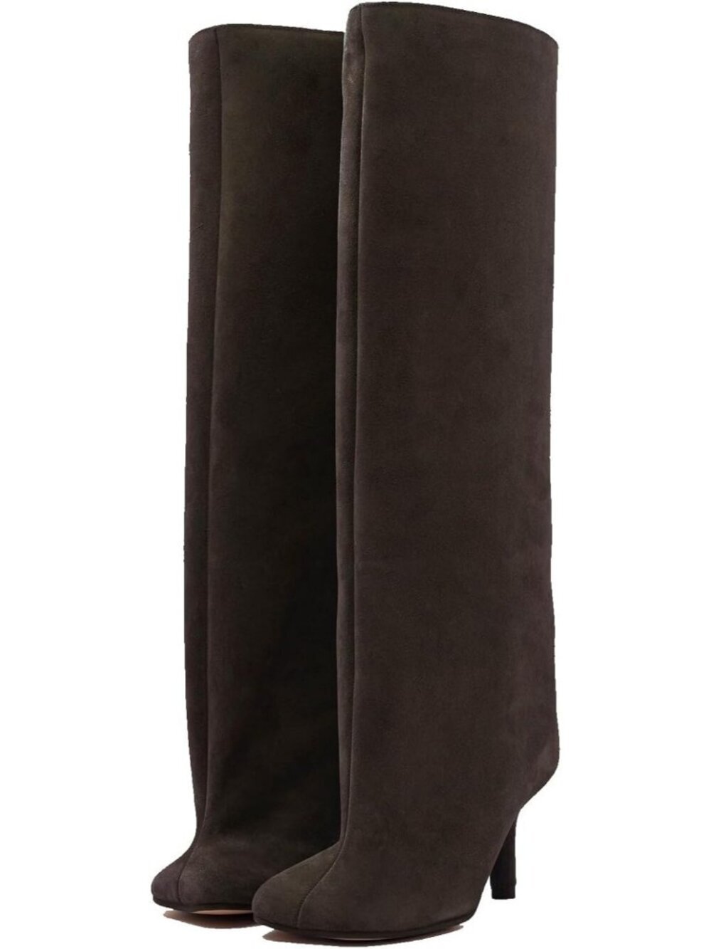 Women's Brown Wide Calf Square Toe Stiletto Heels Tall Knee High Suede Boot - Picture 1 of 6